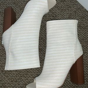 White chunky heel open toe booties